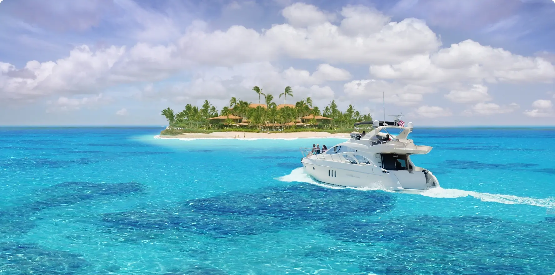 after boat refit in Miami Beach, the yacht travels to a nearby tropical island