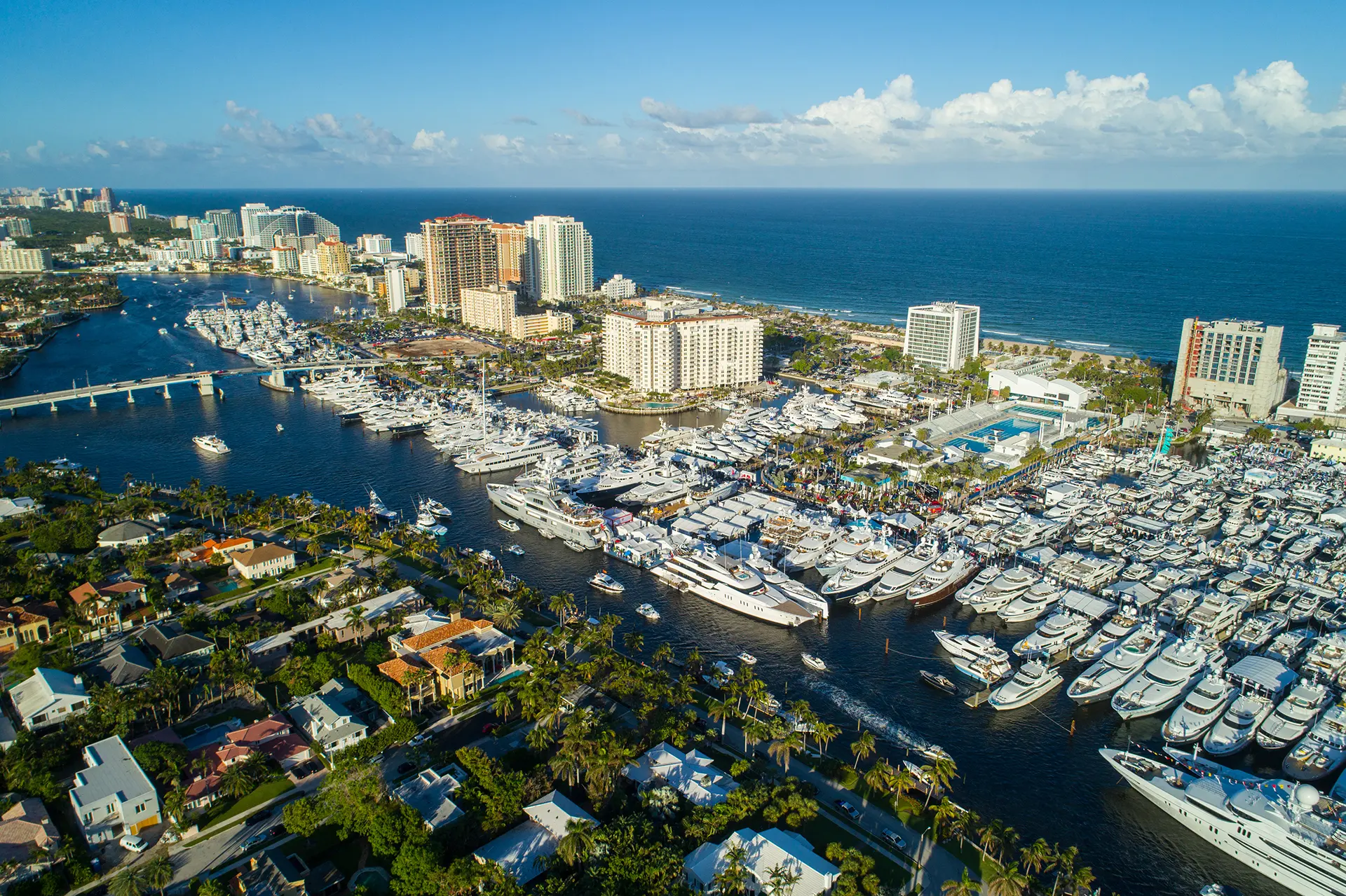 aerial view of waterways in florida's intracoastal featuring several Starboard Yacht Group's Lauderdale Marine Center in Fort Lauderdale