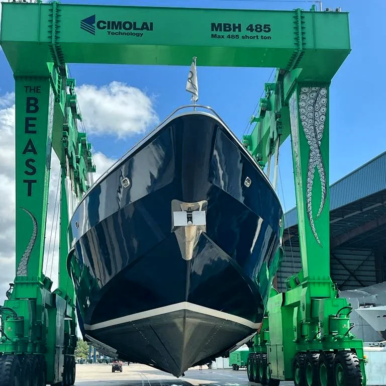 Boat at dry dock in Miami for Boat Stabilizer Installation