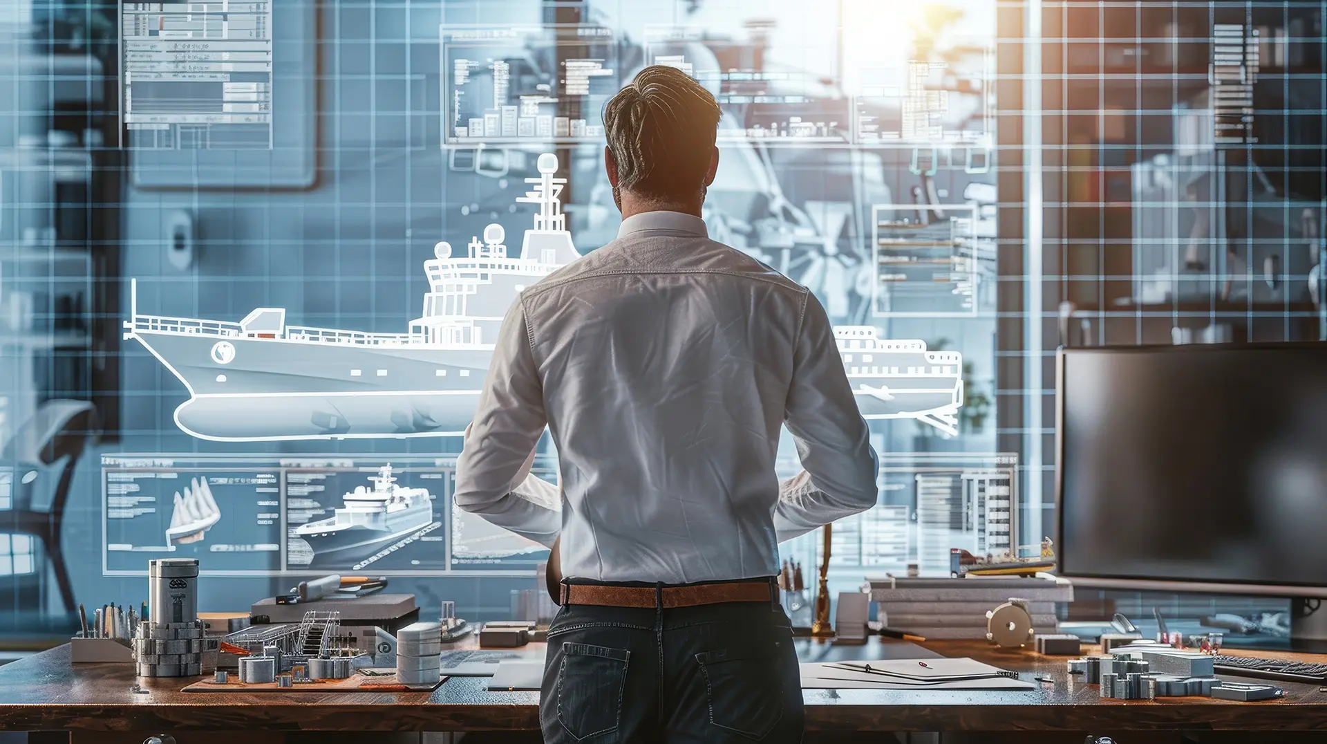 Naval architect in Key Largo viewing conceptual yacht diagrams