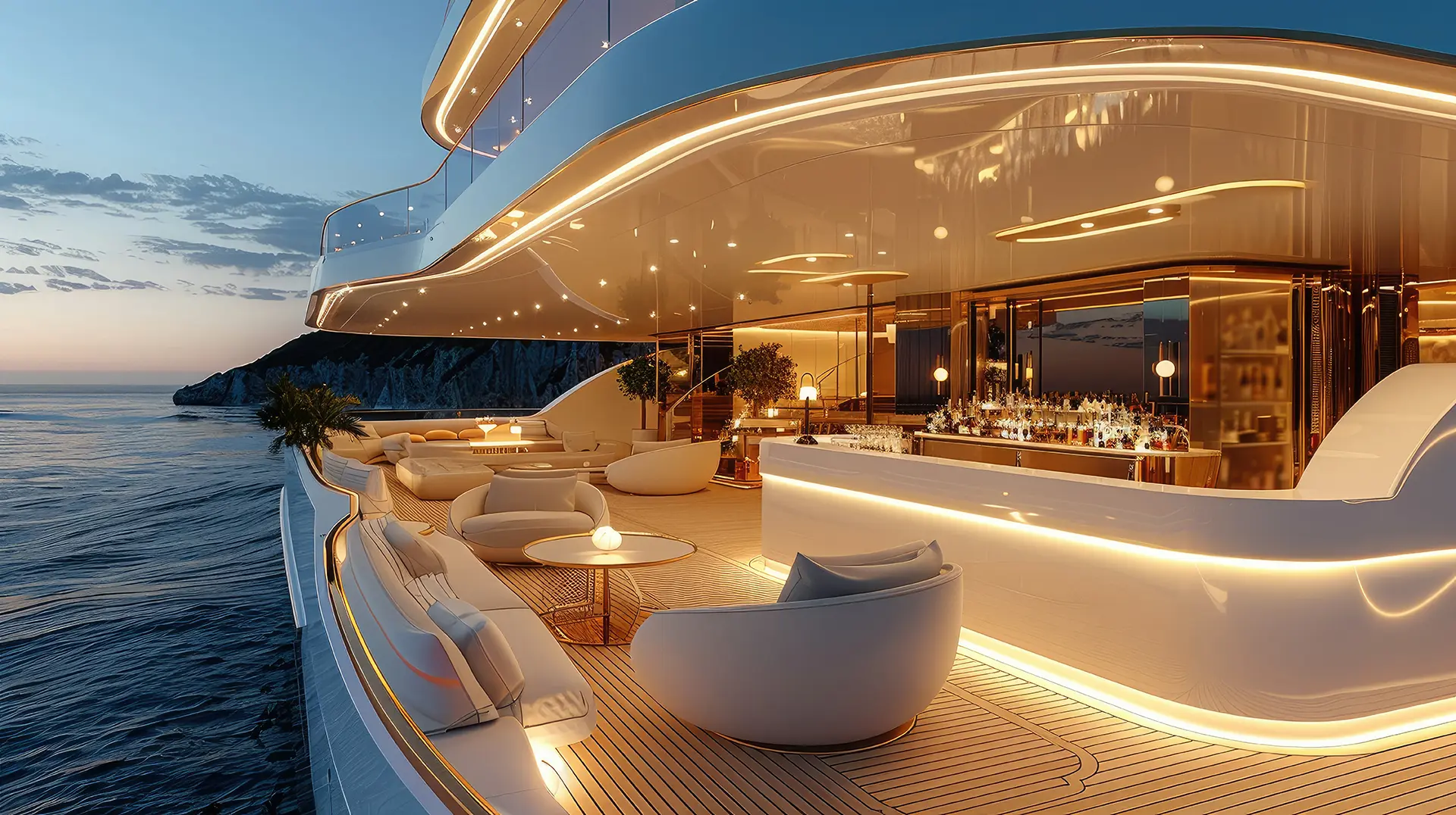 luxury yacht on water near a cliff featuring dining experience with lighting