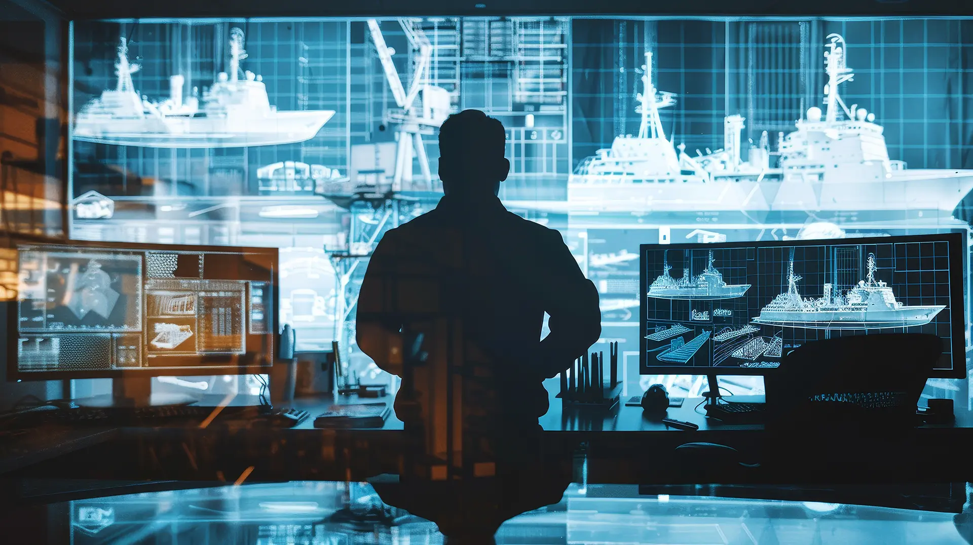 naval architect in Fort Pierce looking at display board featuring naval schematics